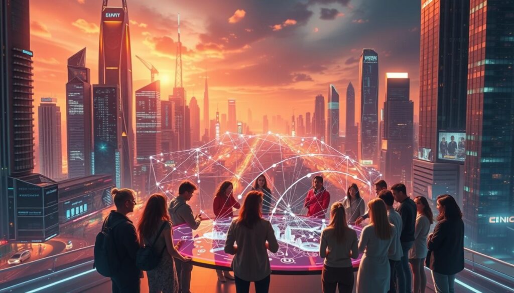 A futuristic, glowing cityscape with towering skyscrapers, neon-lit streets, and a bustling AI-powered landscape. In the foreground, a group of diverse individuals gathered around a large, interactive holographic display, collaboratively generating dynamic, visually stunning prompts that bring their imaginations to life. Intricate, abstract patterns and data visualizations dance across the screen, hinting at the sophisticated algorithms powering this generative process. The scene is bathed in a warm, vibrant light, creating an atmosphere of innovation, creativity, and the boundless potential of artificial intelligence. The overall mood is one of awe, wonder, and a sense of the future unfolding before our eyes.