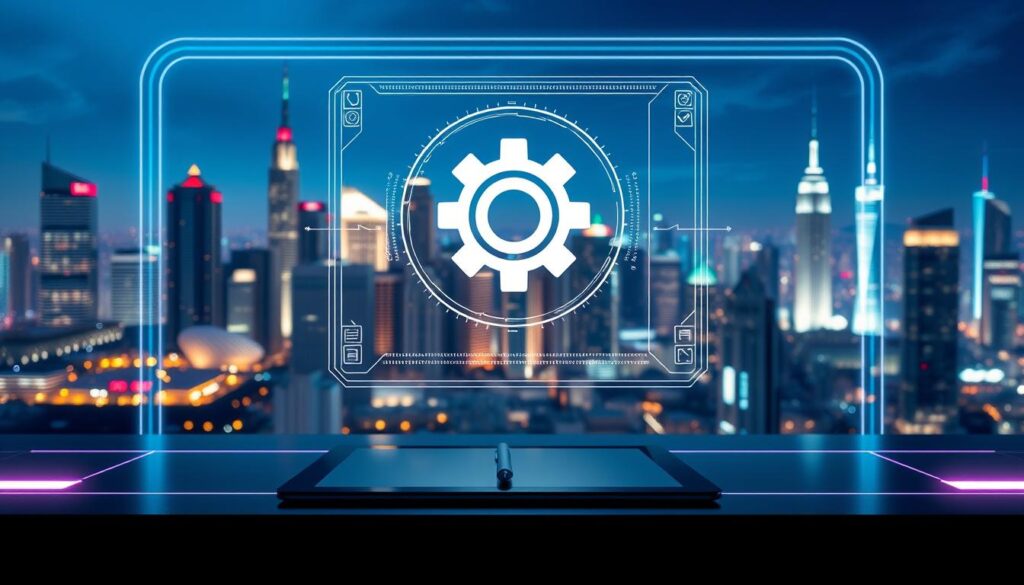 A sleek, futuristic interface showcasing the automation of prompt engineering. In the foreground, a holographic display depicts a cog-like symbol, representing the seamless integration of AI-driven prompt generation. The middle ground features a minimalist workspace, with a tablet and stylus, symbolizing the intuitive tools used by prompt engineers. In the background, a cityscape of towering skyscrapers and glowing skylines conveys the cutting-edge technology powering this innovative process. The scene is bathed in a cool, neon-tinged lighting, evoking a sense of technological sophistication and progress.