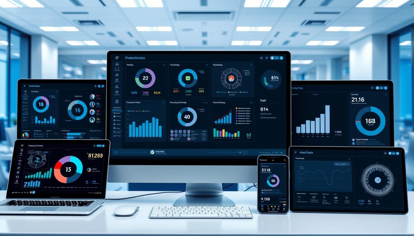Diversas ferramentas de IA para produtividade 2025 mostradas em telas de computador e dispositivos móveis