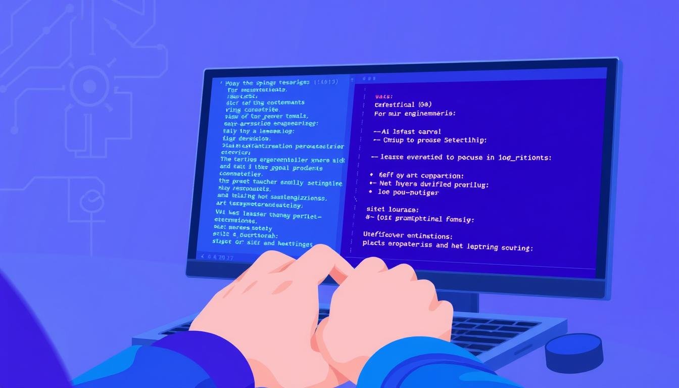 Ilustração conceitual de Engenharia de Prompt mostrando uma pessoa interagindo com uma interface de IA