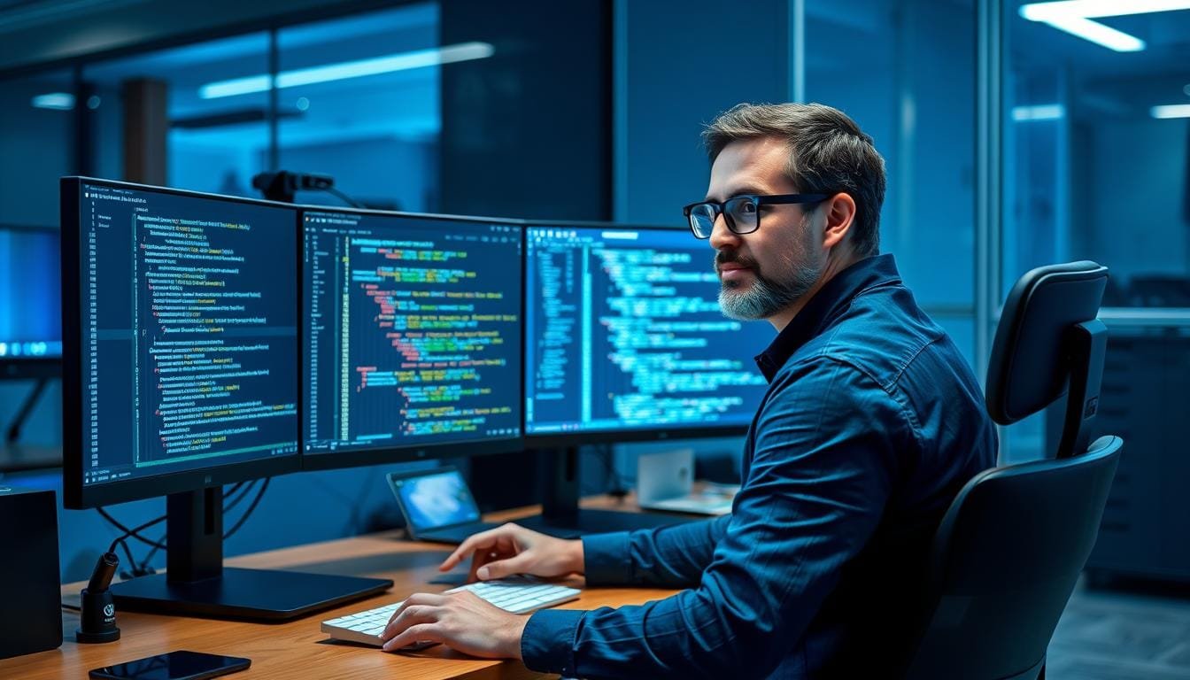 Programador utilizando ChatGPT e Copilot para escrever código com os melhores prompts para programadores