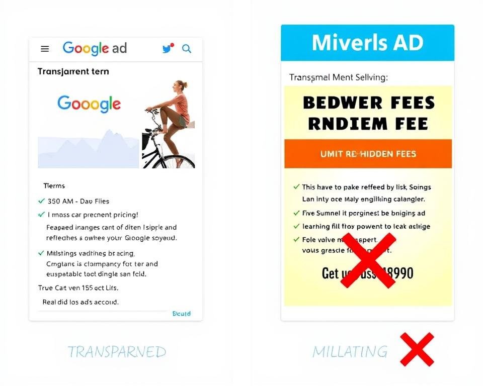 Comparação entre um anúncio transparente aprovado e um anúncio enganoso rejeitado no Google Ads