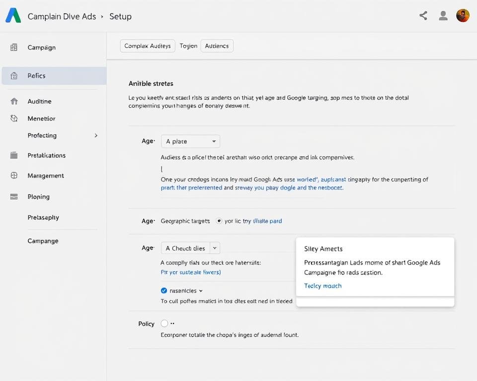 Dashboard de configuração de campanha do Google Ads com configurações de segmentação em conformidade