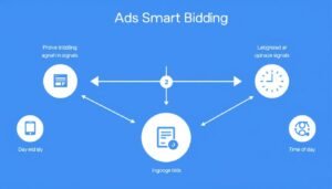 Diagrama explicativo do Google Ads Smart Bidding mostrando como funciona o sistema de lances automatizados