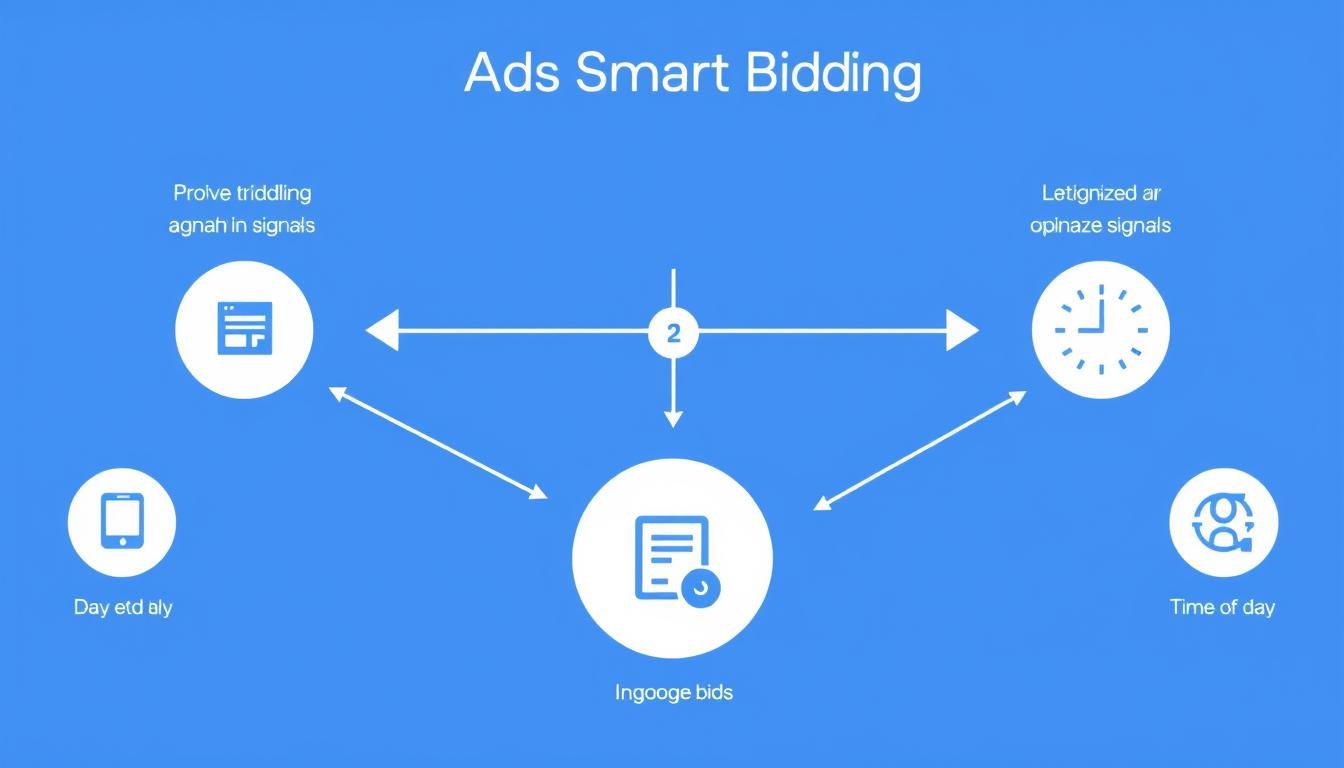 Diagrama explicativo do Google Ads Smart Bidding mostrando como funciona o sistema de lances automatizados