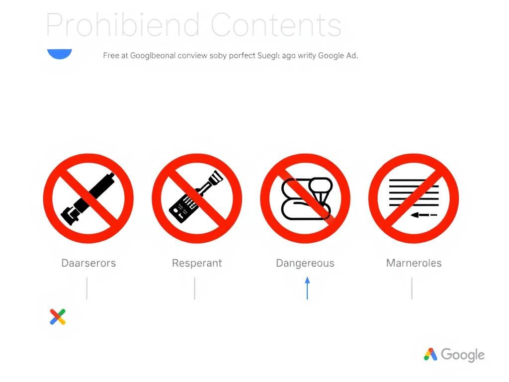 Ilustração mostrando diferentes categorias de conteúdo proibido no Google Ads com símbolos de proibição