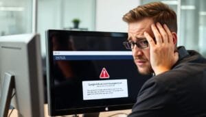 Pessoa frustrada olhando para notificação de bloqueio de conta do Google Ads em seu computador