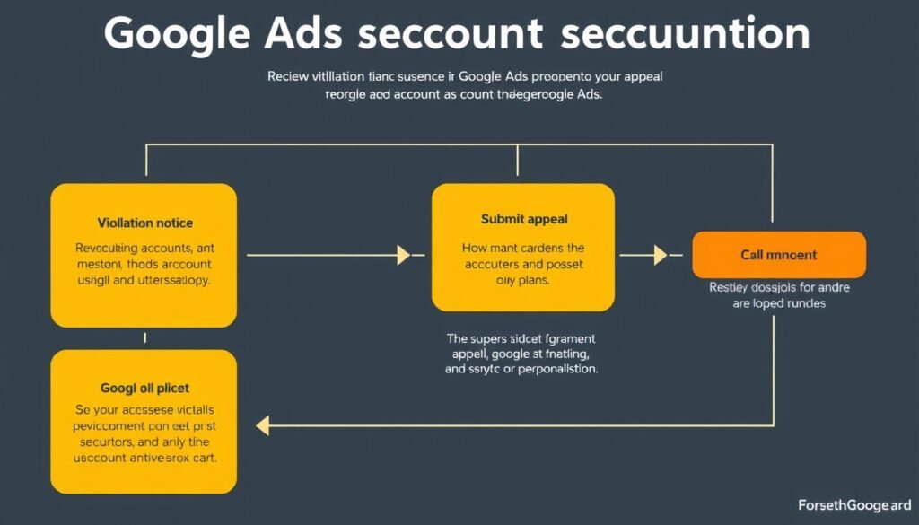 Processo de apelação de suspensão de conta do Google Ads com etapas destacadas