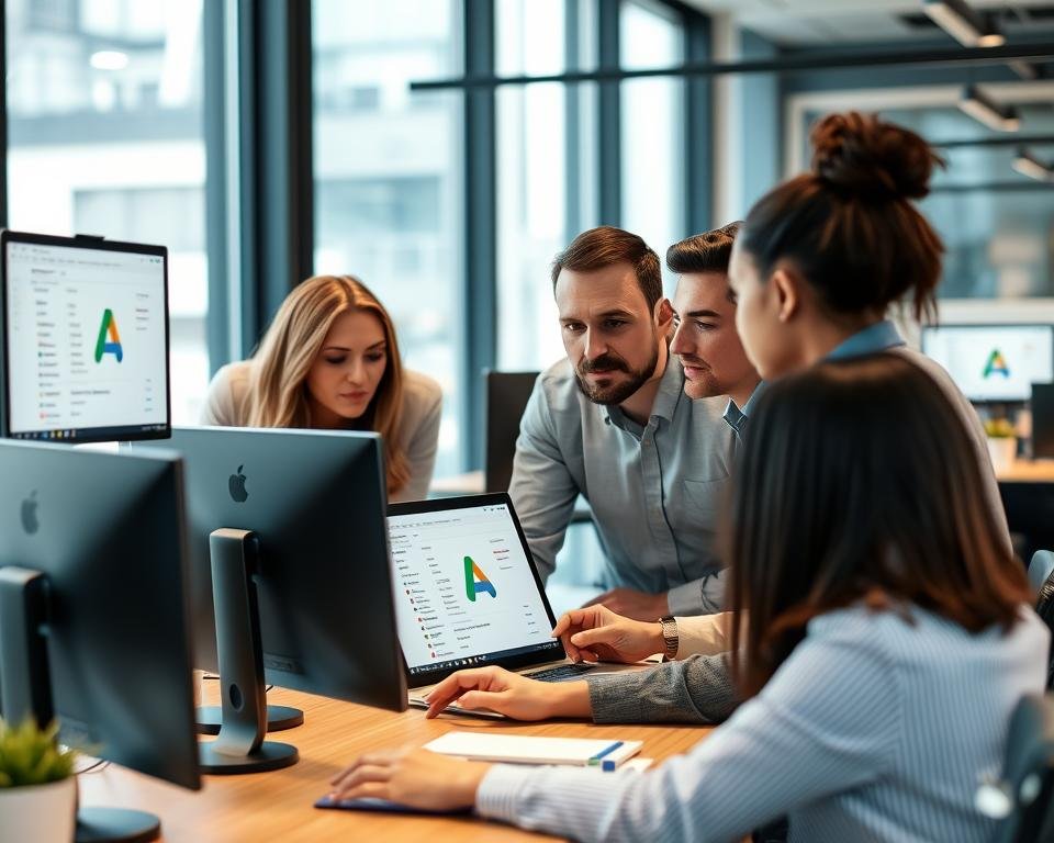 Profissionais de marketing digital colaborando na revisão de políticas do Google Ads