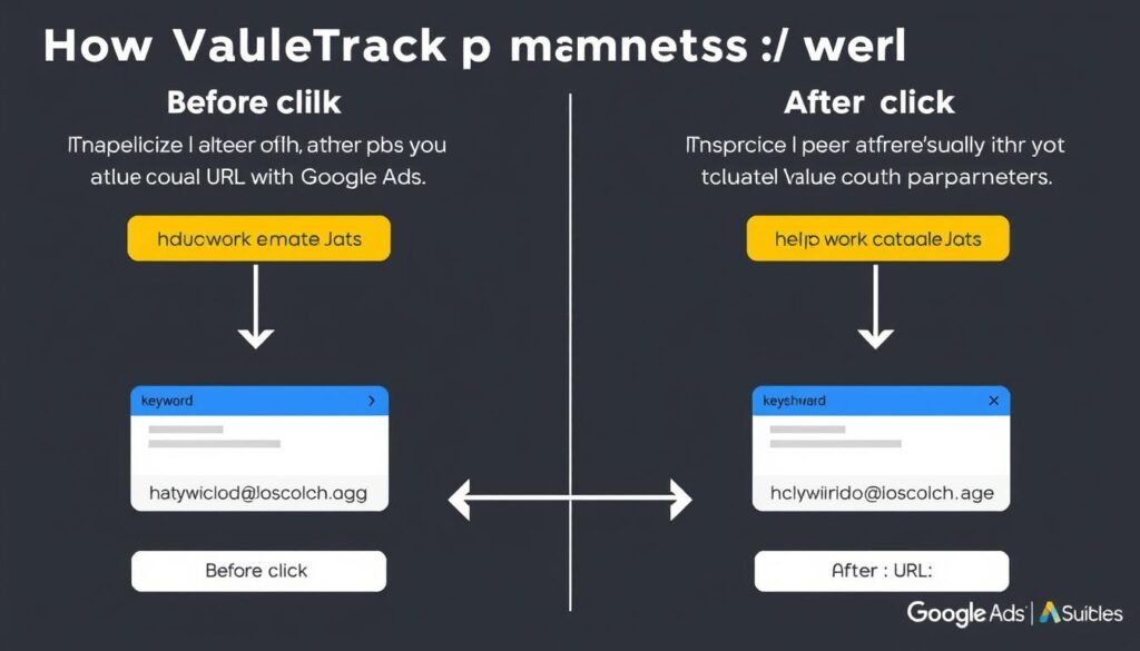 Demonstração de como as tags ValueTrack são substituídas por valores reais quando um usuário clica em um anúncio