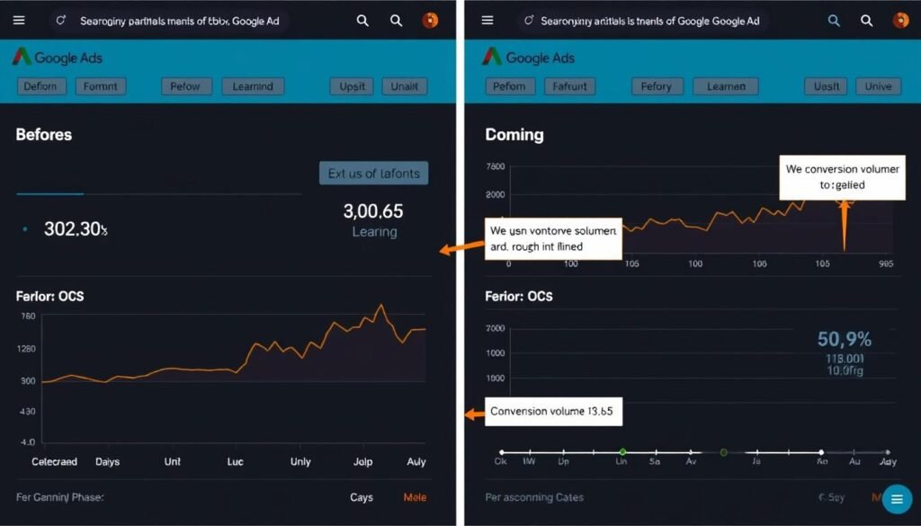 Gráfico comparativo de performance antes e durante a fase de aprendizado no Google Ads