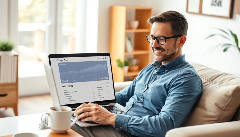 Pessoa verificando resultados de campanhas de Google Ads em seu laptop