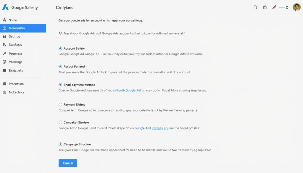 Tela de configuração de conta do Google Ads com destaque para configurações importantes