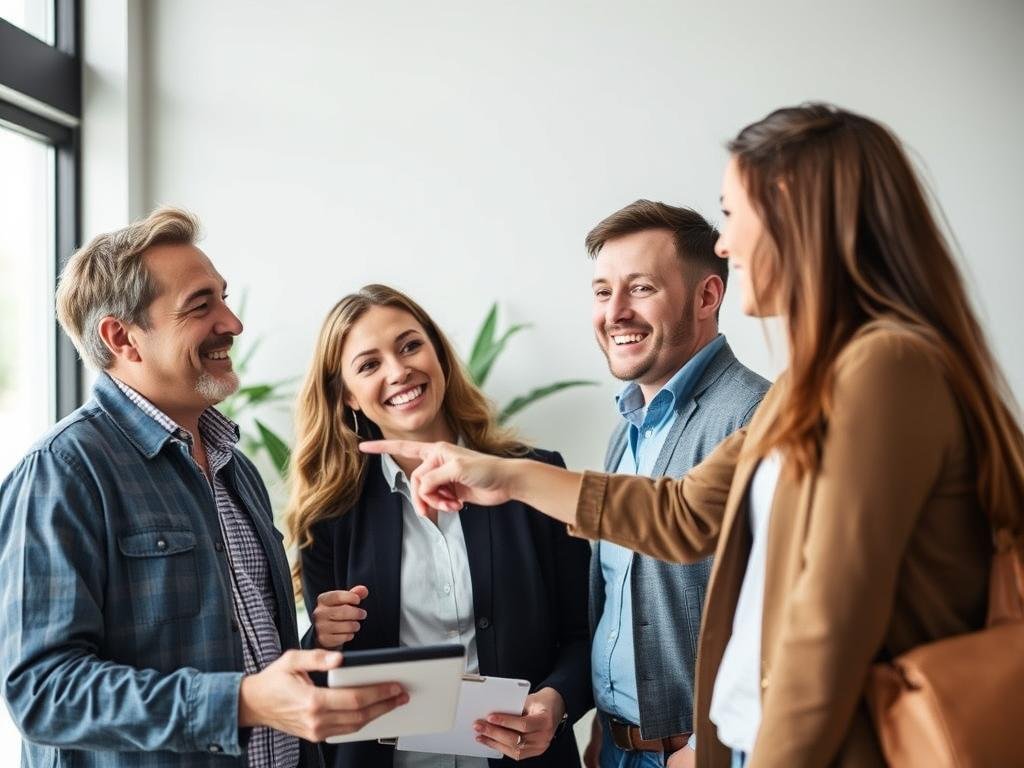 Cliente satisfeito recomendando um produto para colegas, representando a etapa de fidelização do funil de vendas