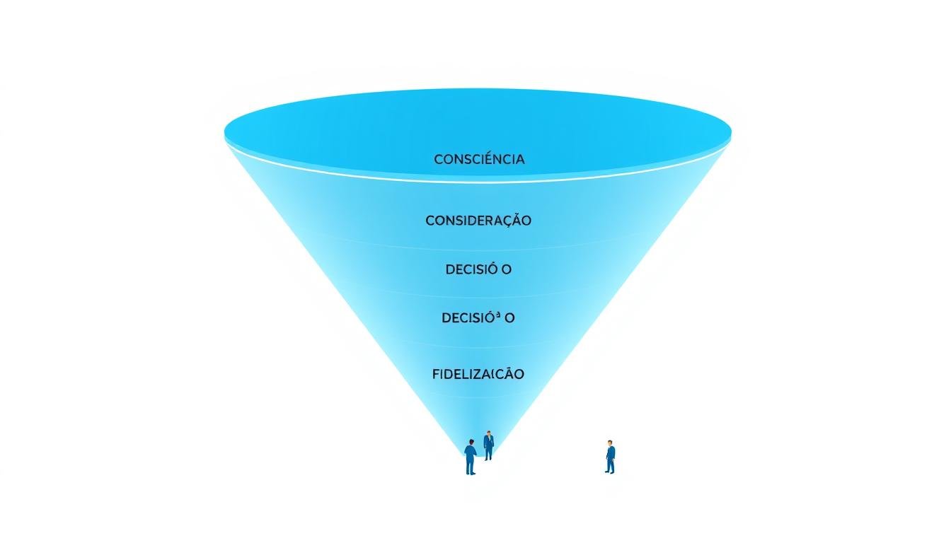 Diagrama de funil de vendas mostrando as etapas desde a consciência até a fidelização