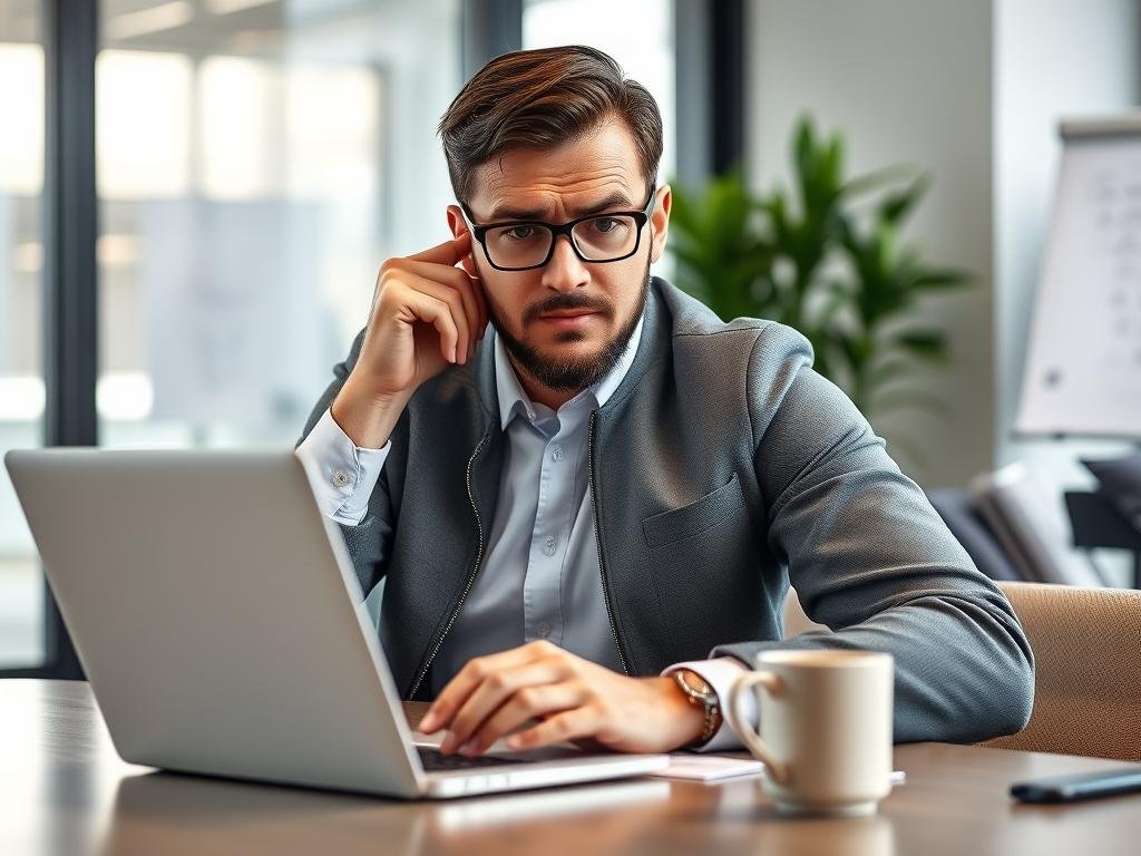 Pessoa descobrindo um problema e pesquisando soluções online, representando a etapa de consciência do funil de vendas