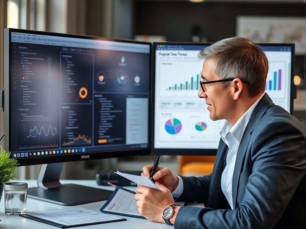 Profissional analisando diferentes soluções para seu problema, representando a etapa de consideração do funil de vendas