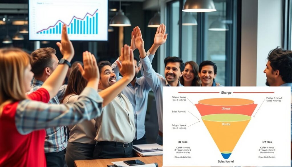 Profissional implementando estratégias de funil de vendas e comemorando resultados