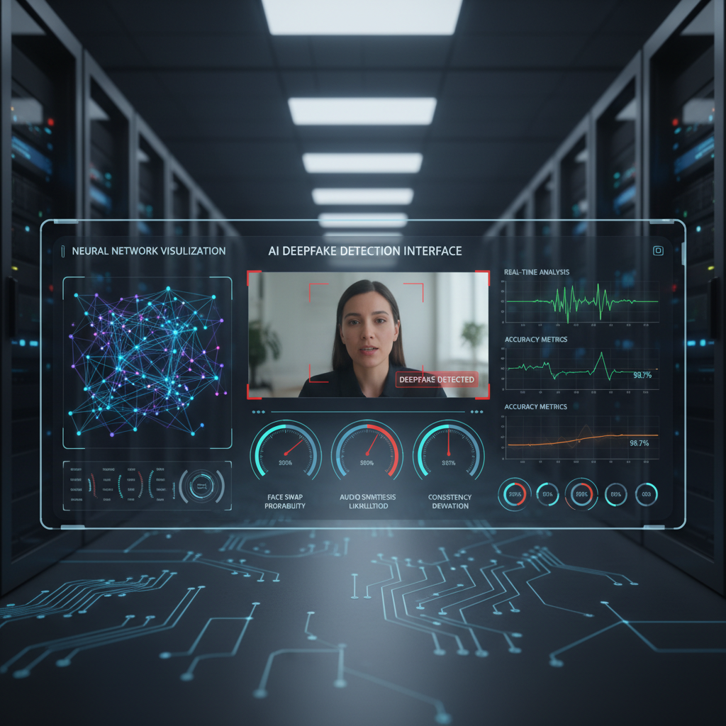 AI-powered content verification system analyzing deepfake detection