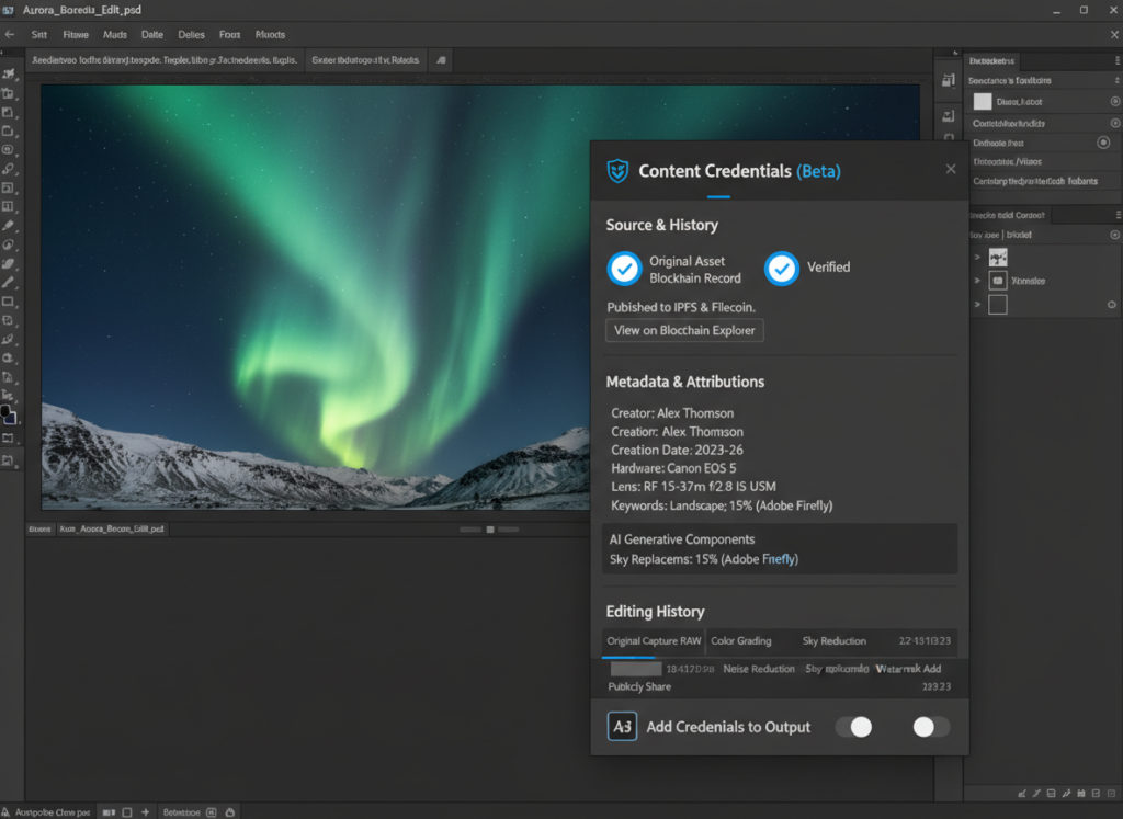 Adobe Content Credentials interface showing digital provenance metadata