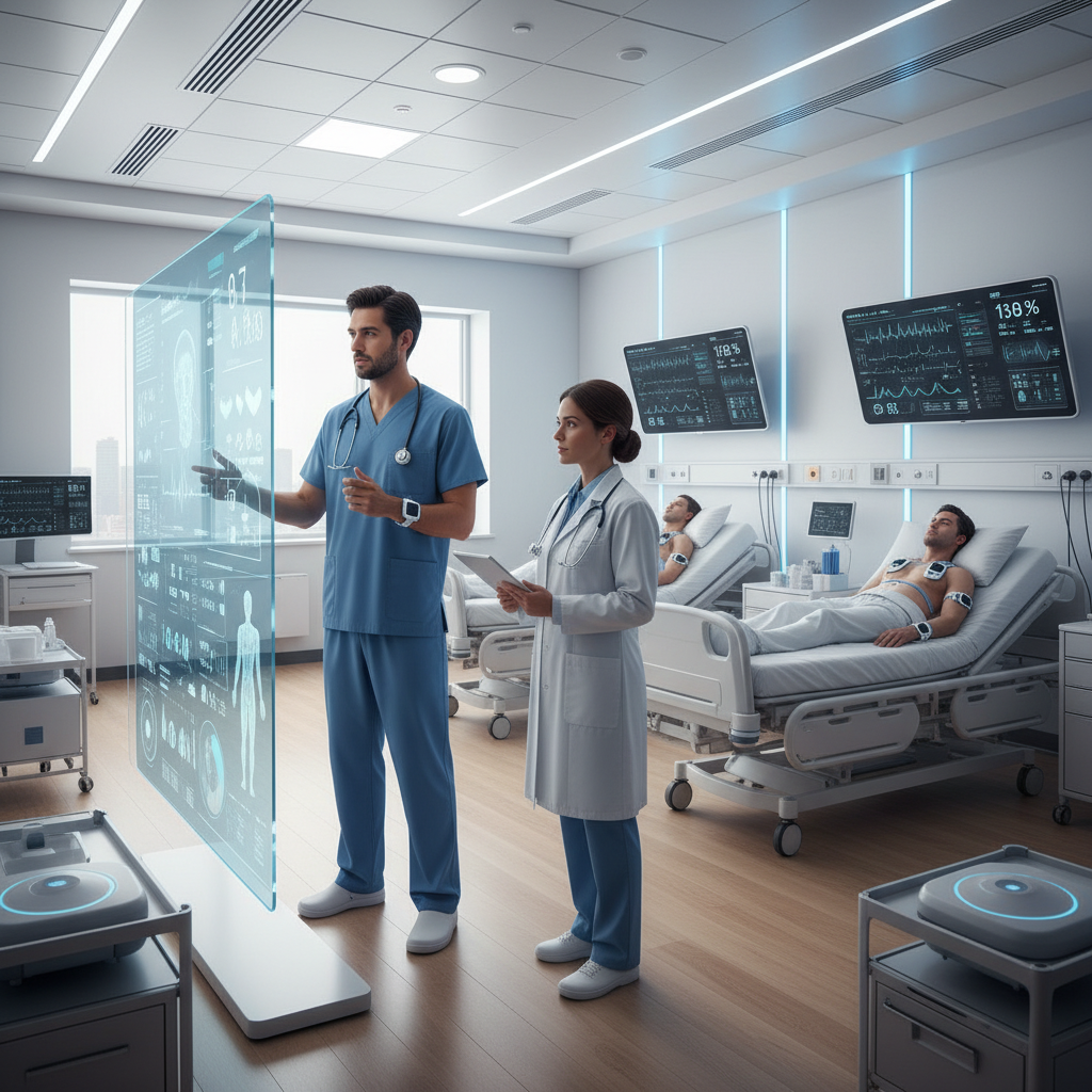Ambiente hospitalar com tecnologia de saúde digital e monitoramento inteligente