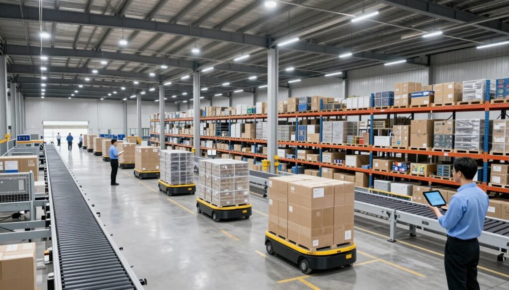 Armazém automatizado com robôs móveis autônomos transportando mercadorias