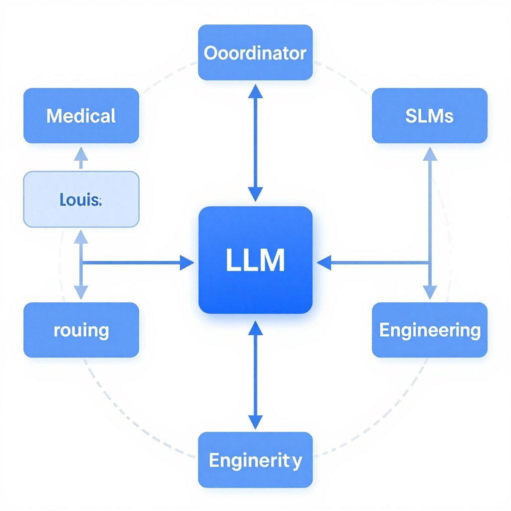 Arquitetura híbrida combinando LLMs coordenadores com Modelos de Linguagem de Domínio Específico (SLMs)