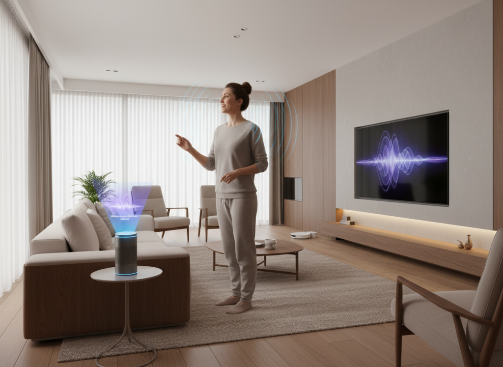 Assistente virtual integrado respondendo a comandos de voz em ambiente inteligente