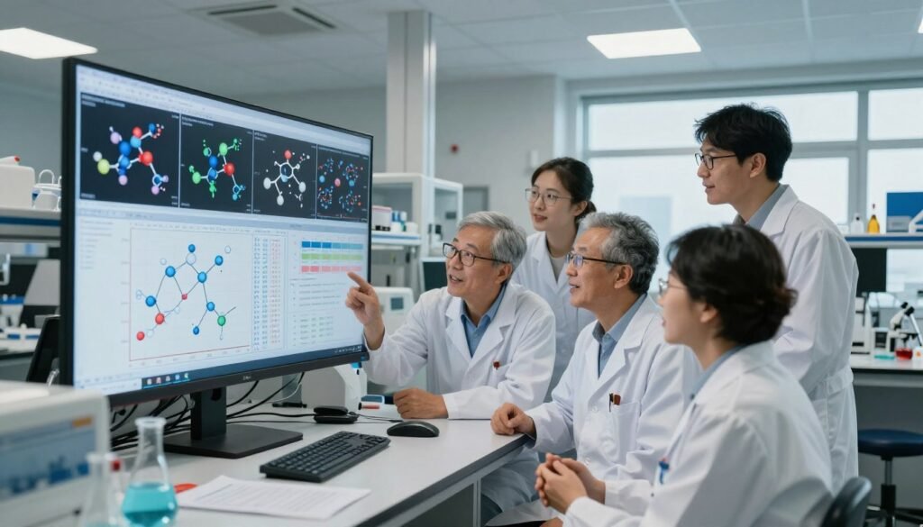 Cientistas analisando resultados de pesquisas realizadas com auxílio de inteligência artificial