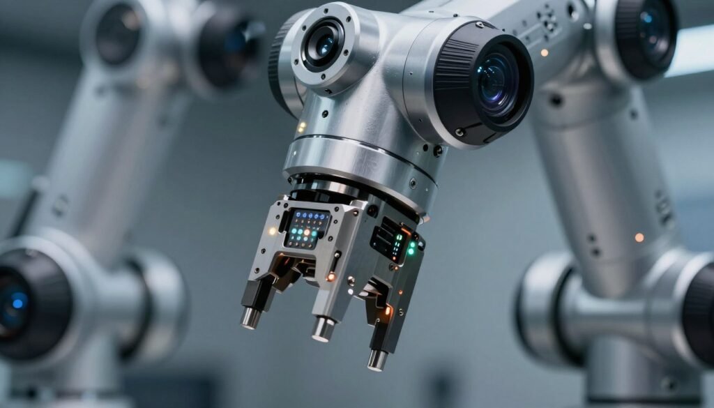 Close-up de sensores avançados de visão e pressão em braço robótico