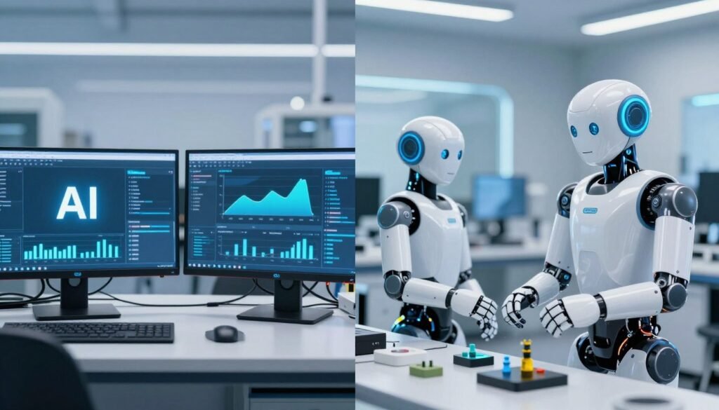 Comparação entre IA digital em telas e IA física em robôs interagindo com mundo real