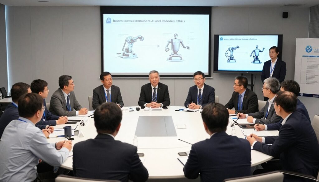 Conferência sobre ética em IA e robótica com diversos participantes discutindo