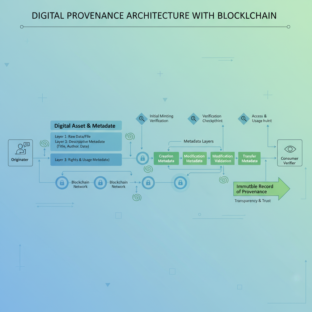 Digital provenance system architecture showing blockchain verification layers