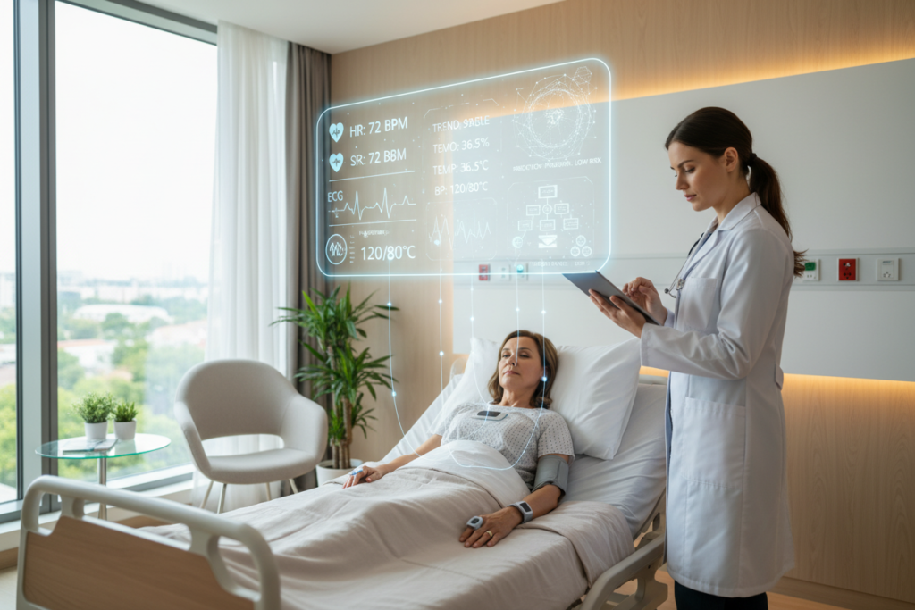 Dispositivos wearables de saúde coletando dados vitais processados por IA médica