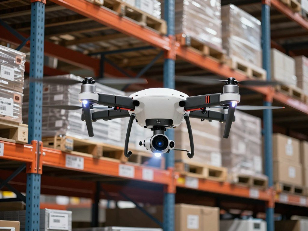 Drone autônomo realizando inventário de armazém com scanner de códigos de barras