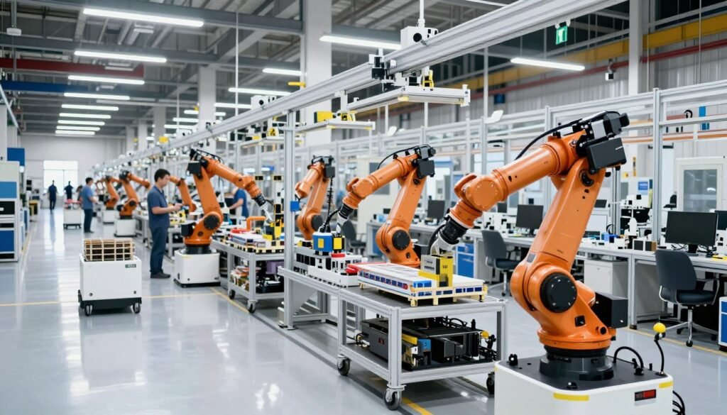 Fábrica moderna com robôs colaborativos trabalhando em linha de produção