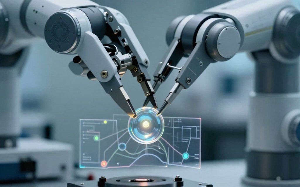 Garra robótica com sensores táteis segurando objeto frágil