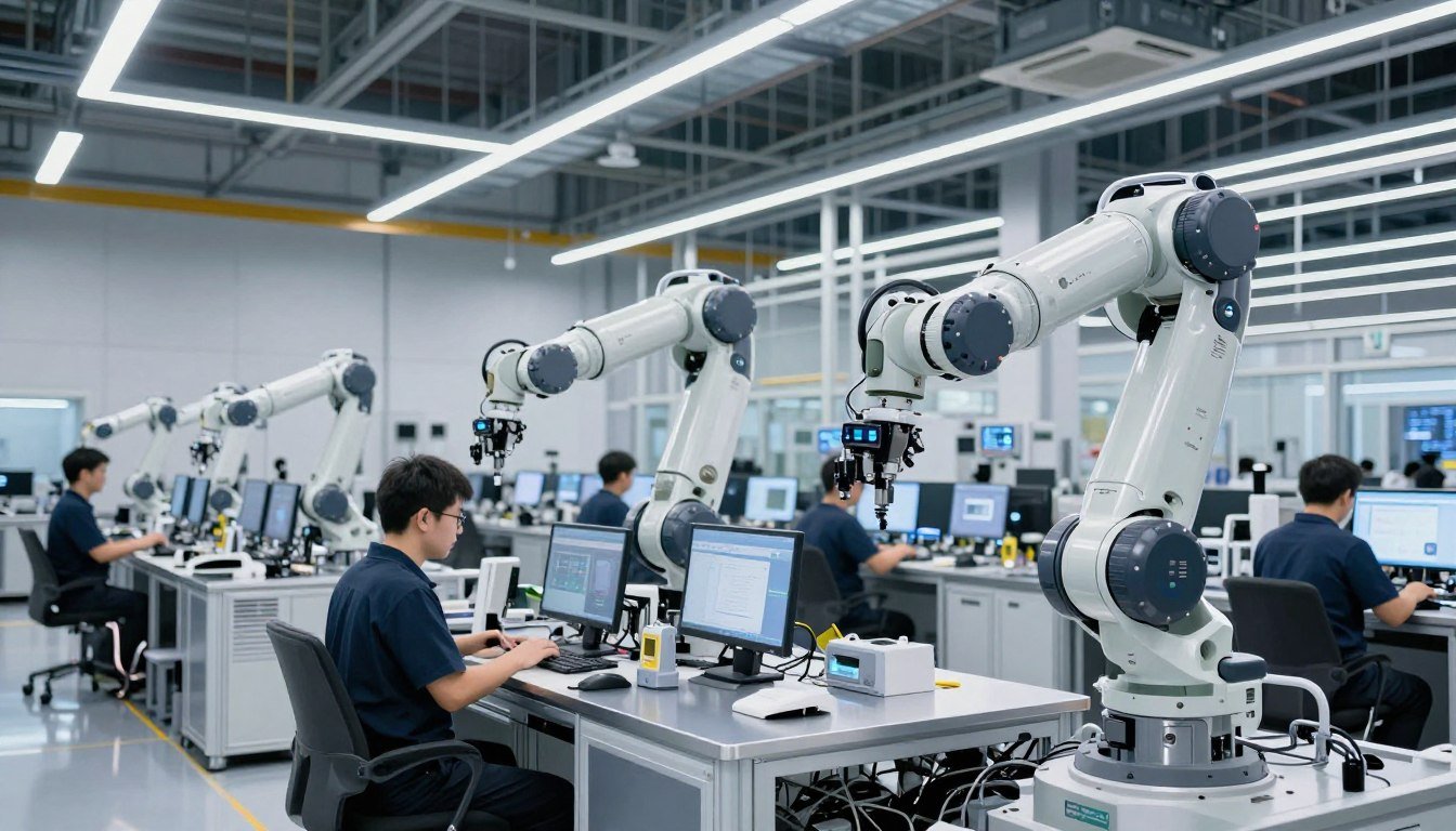 IA Física e Robótica Avançada em ambiente industrial com robôs humanoides trabalhando