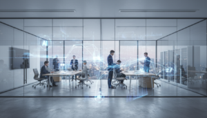 IA Ubíqua e Invisível representada como infraestrutura digital integrada em ambiente corporativo moderno