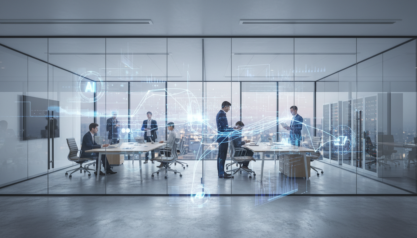 IA Ubíqua e Invisível representada como infraestrutura digital integrada em ambiente corporativo moderno