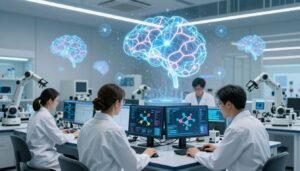 IA como co-cientista na pesquisa científica trabalhando com pesquisadores em laboratório moderno