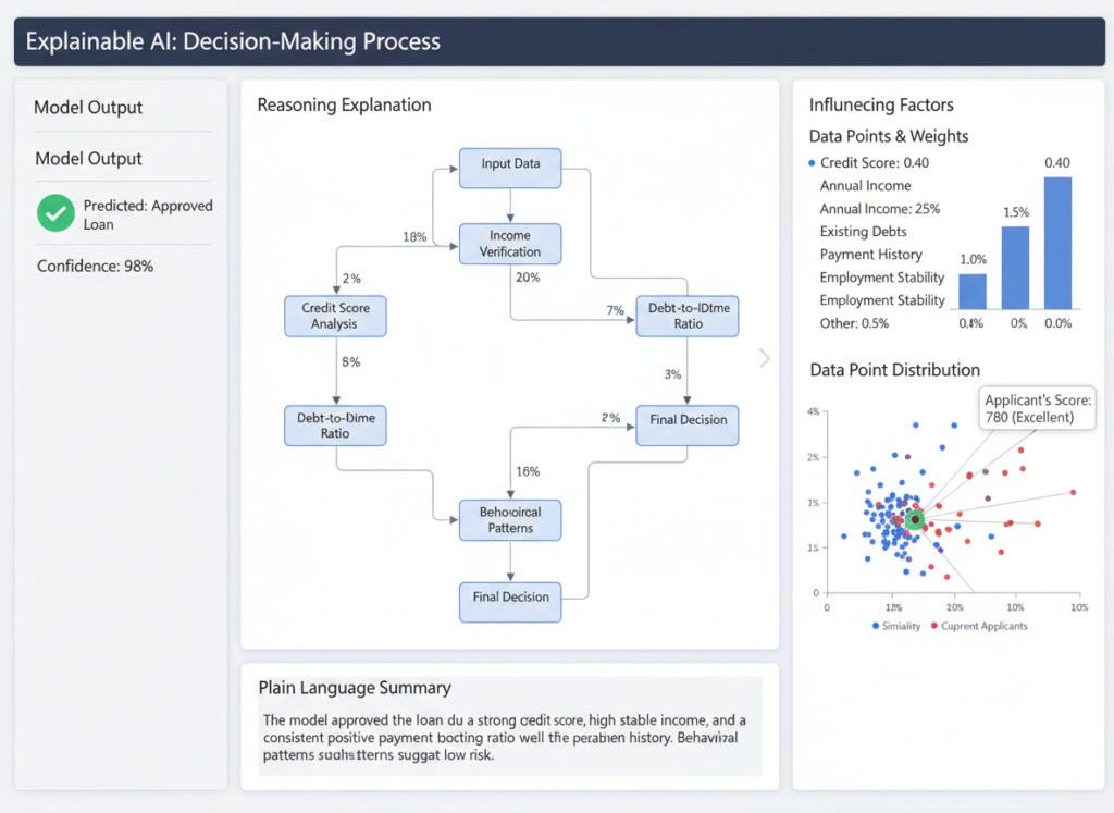 Interface de IA explicável mostrando raciocínio por trás de decisões algorítmicas