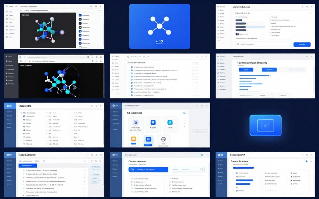 Interface de plataformas de IA científica mostrando diferentes ferramentas de pesquisa