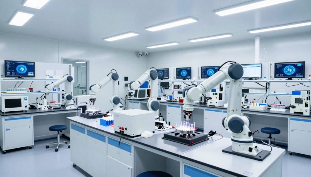 Laboratório autônomo com robôs controlados por inteligência artificial realizando experimentos