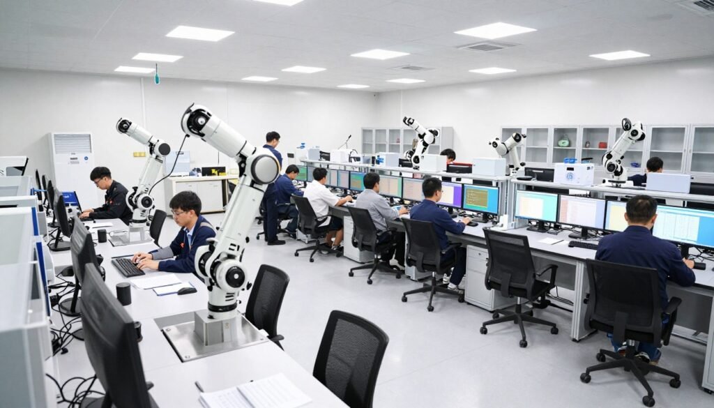 Laboratório de pesquisa com engenheiros testando robôs avançados