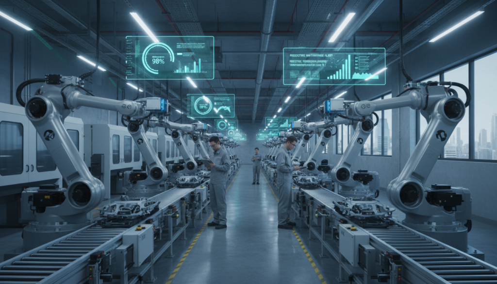 Linha de produção industrial com sensores IoT e sistemas de IA monitorando equipamentos