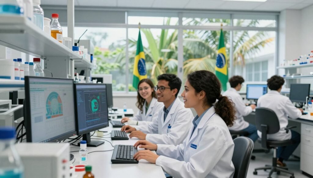 Pesquisadores brasileiros trabalhando com inteligência artificial em laboratório moderno