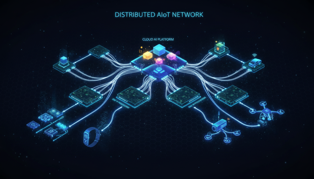Rede de dispositivos IoT conectados processando dados através de IA distribuída