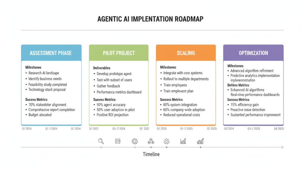 Roadmap visual de implementação de IA Agêntica em etapas
