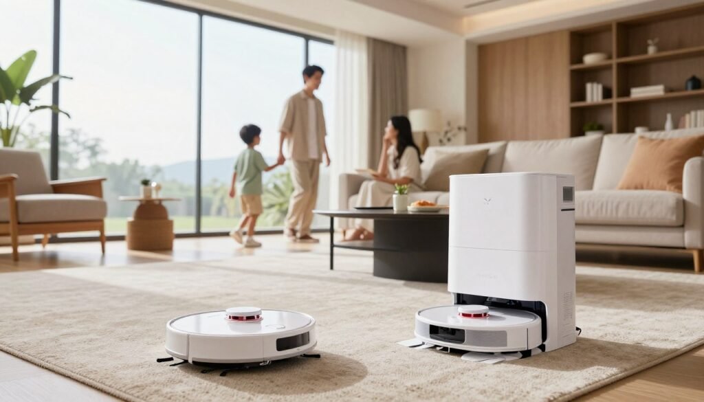 Robô assistente doméstico realizando tarefas de limpeza em ambiente residencial moderno
